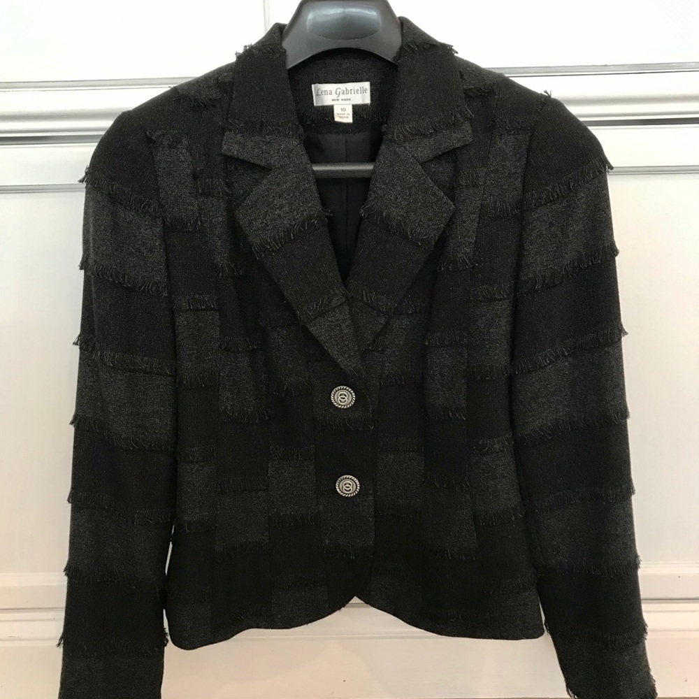 Lena Gabrielle NY black patchwork fringe blazer